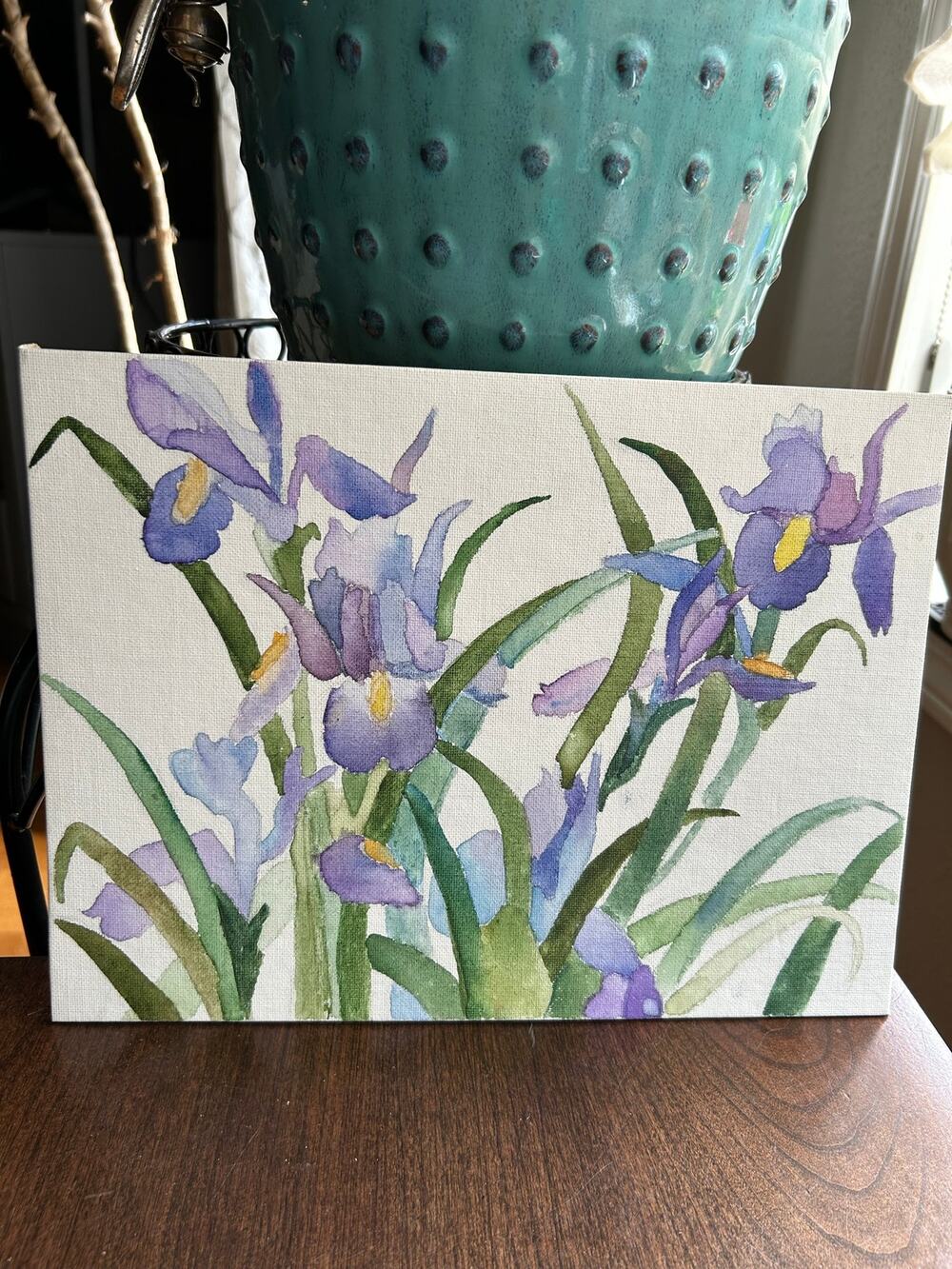 Original vintage watercolor painting of purple and blue iris flowers on canvas